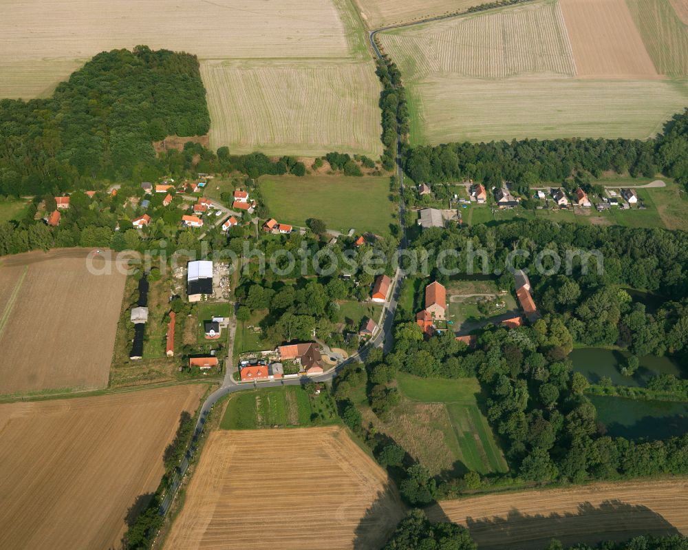 Suderode from the bird's eye view: Agricultural land and field boundaries surround the settlement area of the village in Suderode in the state Saxony-Anhalt, Germany