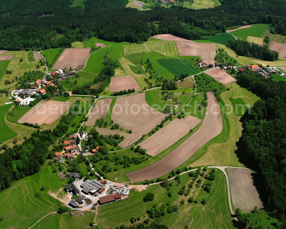 Aerial image Sulzbach an der Murr - Agricultural land and field boundaries surround the settlement area of the village in Sulzbach an der Murr in the state Baden-Wuerttemberg, Germany