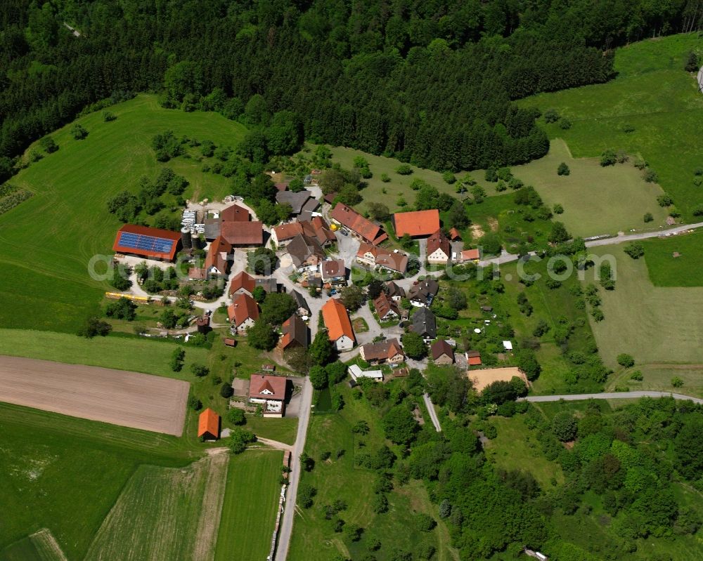 Aerial image Sulzbach an der Murr - Agricultural land and field boundaries surround the settlement area of the village in Sulzbach an der Murr in the state Baden-Wuerttemberg, Germany