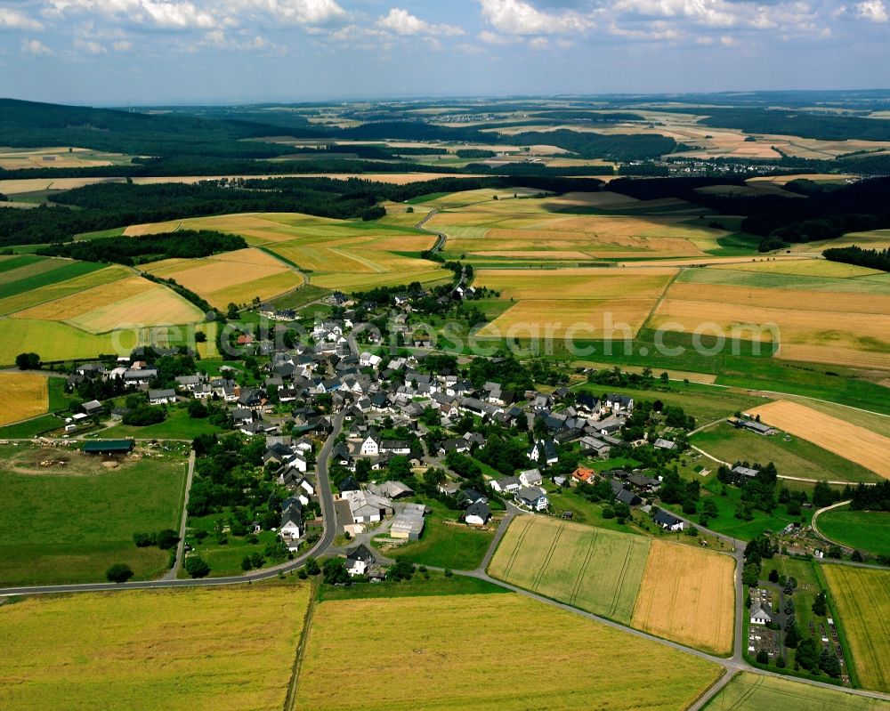 Sulzbach from above - Agricultural land and field boundaries surround the settlement area of the village in Sulzbach in the state Rhineland-Palatinate, Germany