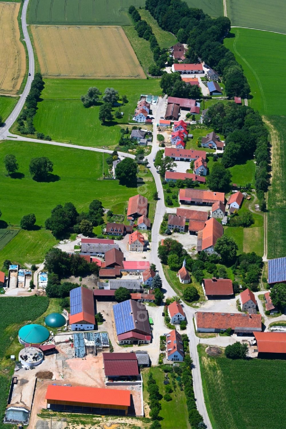 Sulzrain from the bird's eye view: Agricultural land and field boundaries surround the settlement area of the village in Sulzrain in the state Bavaria, Germany