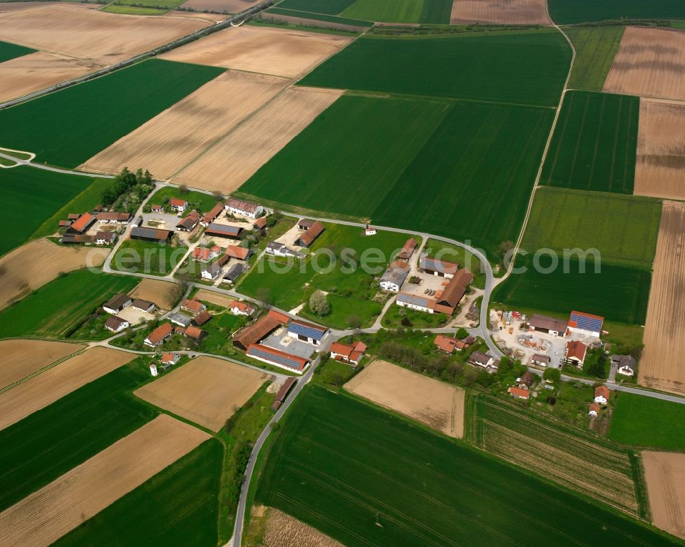 Taiding from the bird's eye view: Agricultural land and field boundaries surround the settlement area of the village in Taiding in the state Bavaria, Germany