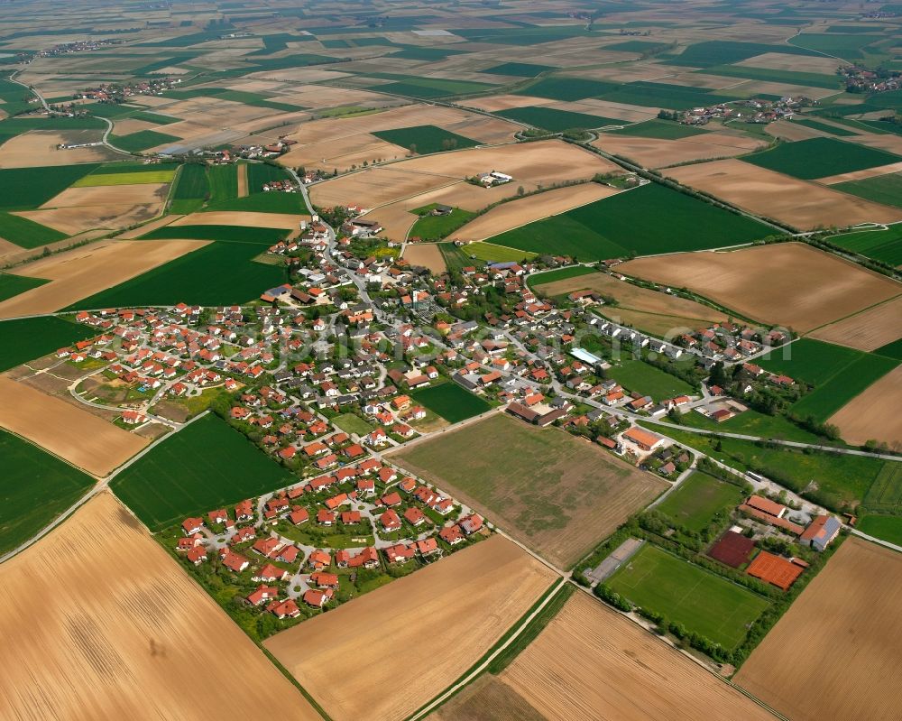 Aerial photograph Taiding - Agricultural land and field boundaries surround the settlement area of the village in Taiding in the state Bavaria, Germany