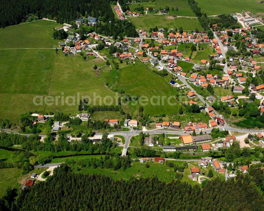 Aerial photograph Tanne - Agricultural land and field boundaries surround the settlement area of the village in Tanne in the state Saxony-Anhalt, Germany