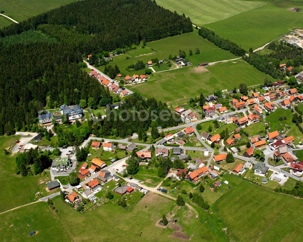 Aerial image Tanne - Agricultural land and field boundaries surround the settlement area of the village in Tanne in the state Saxony-Anhalt, Germany