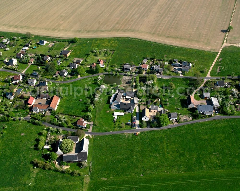 Tanneberg from above - Agricultural land and field boundaries surround the settlement area of the village in Tanneberg in the state Saxony, Germany