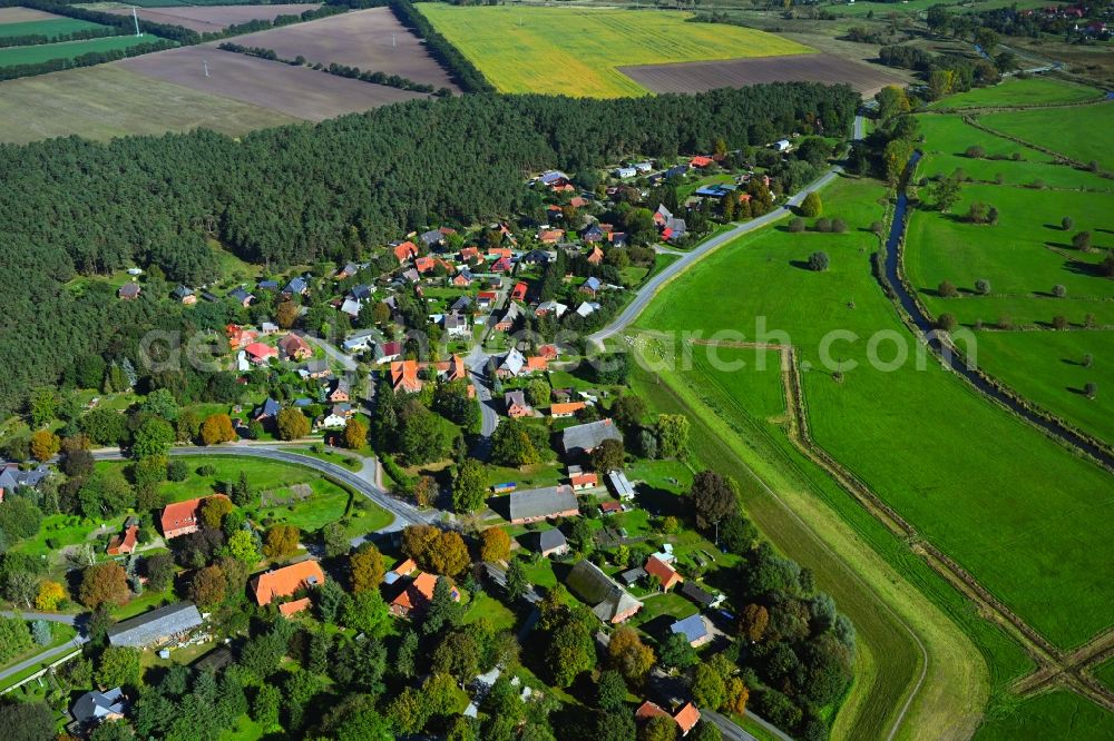 Teldau from the bird's eye view: Agricultural land and field boundaries surround the settlement area of the village in Teldau in the state Mecklenburg - Western Pomerania, Germany