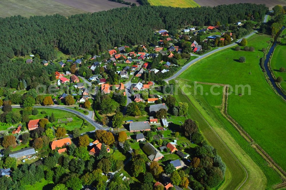 Aerial image Teldau - Agricultural land and field boundaries surround the settlement area of the village in Teldau in the state Mecklenburg - Western Pomerania, Germany