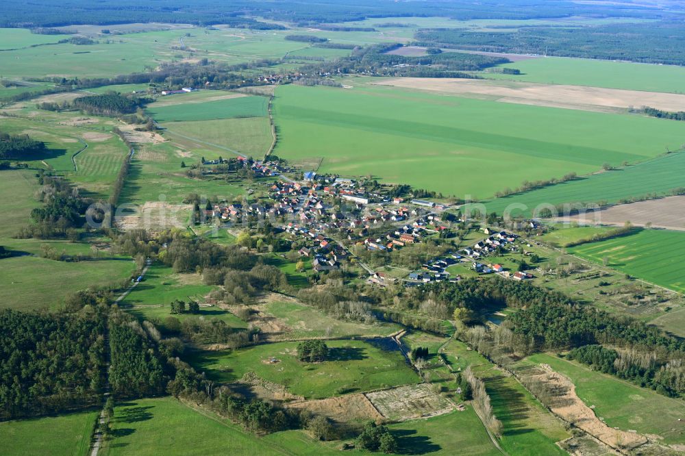 Aerial image Temnitzquell - Agricultural land and field boundaries surround the settlement area of the village in Temnitzquell in the state Brandenburg, Germany