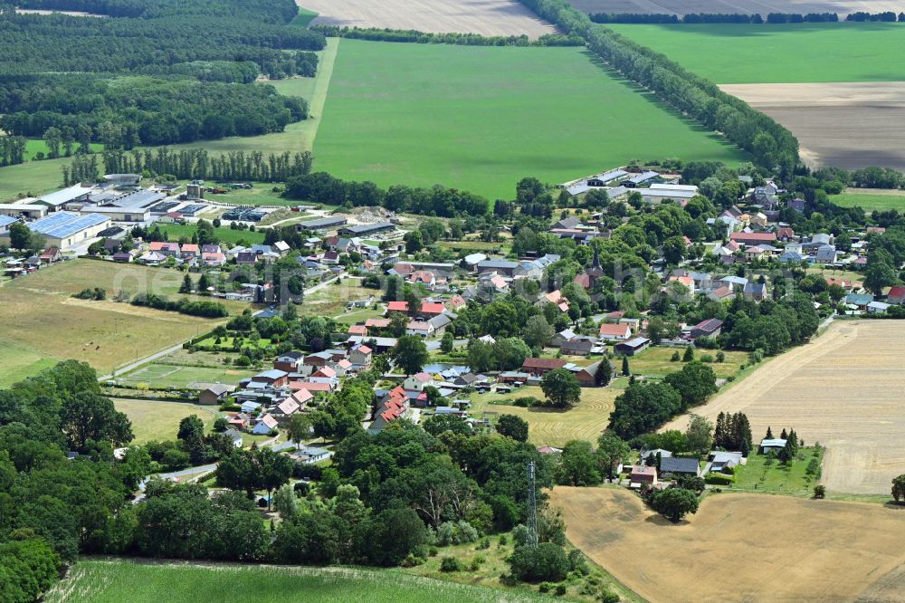 Tempelfelde from the bird's eye view: Agricultural land and field boundaries surround the settlement area of the village in Tempelfelde in the state Brandenburg, Germany