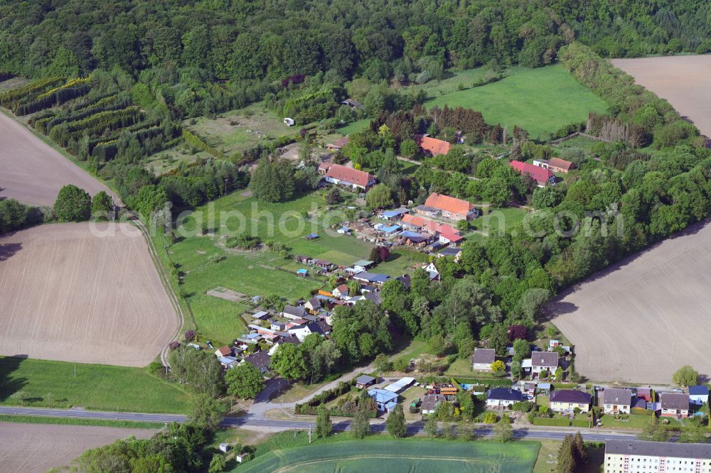 Tessenow from the bird's eye view: Agricultural land and field boundaries surround the settlement area of the village in Tessenow in the state Mecklenburg - Western Pomerania, Germany