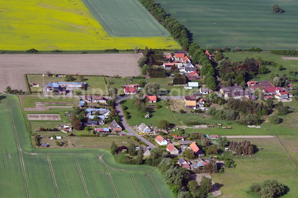 Tessenow from above - Agricultural land and field boundaries surround the settlement area of the village in Tessenow in the state Mecklenburg - Western Pomerania, Germany