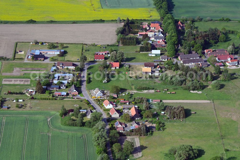 Tessenow from the bird's eye view: Agricultural land and field boundaries surround the settlement area of the village in Tessenow in the state Mecklenburg - Western Pomerania, Germany