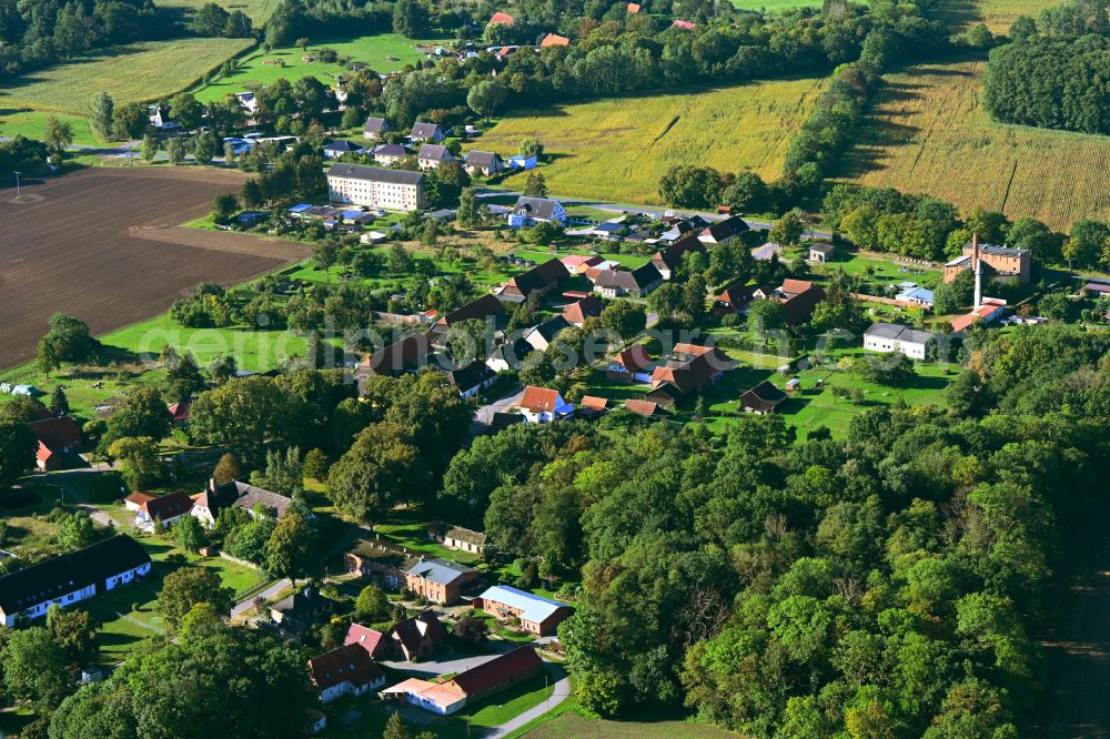 Tessenow from the bird's eye view: Agricultural land and field boundaries surround the settlement area of the village in Tessenow in the state Mecklenburg - Western Pomerania, Germany