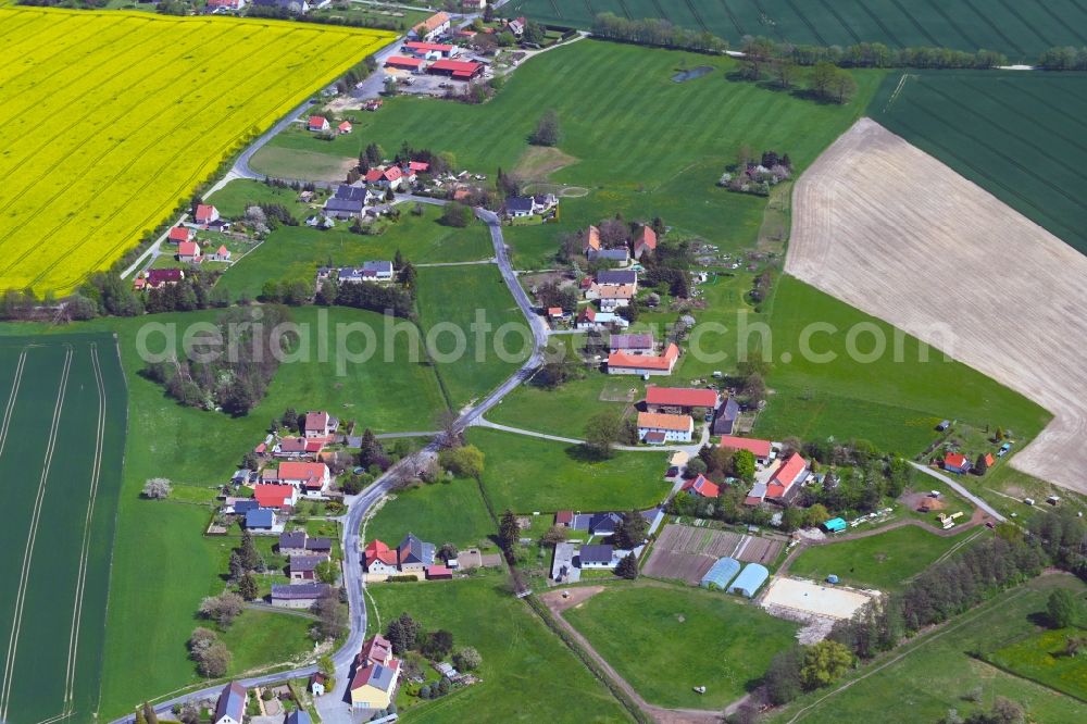 Tetta from the bird's eye view: Agricultural land and field boundaries surround the settlement area of the village on Tetta Strasse in Tetta in the state Saxony, Germany