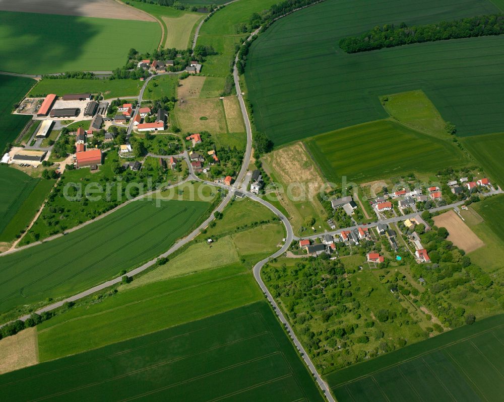 Aerial photograph Thal - Agricultural land and field boundaries surround the settlement area of the village in Thal in the state Thuringia, Germany