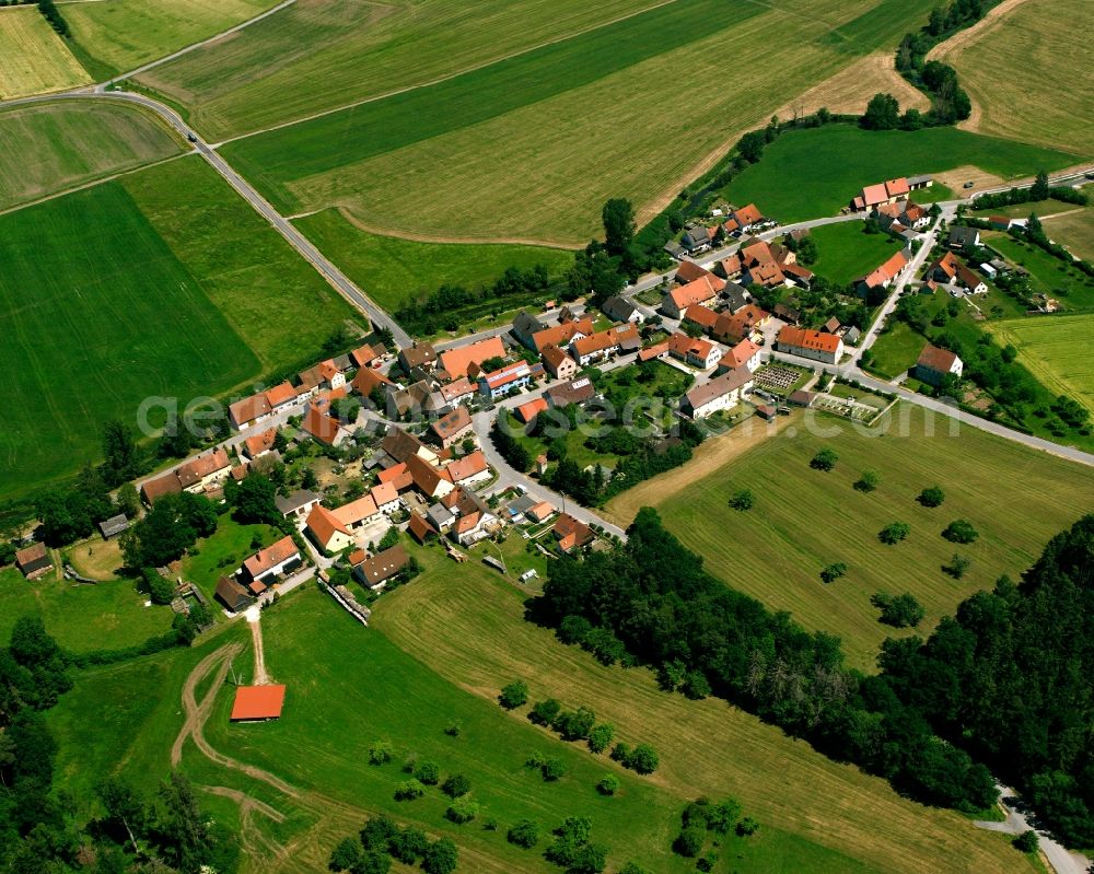 Thann from the bird's eye view: Agricultural land and field boundaries surround the settlement area of the village in Thann in the state Bavaria, Germany