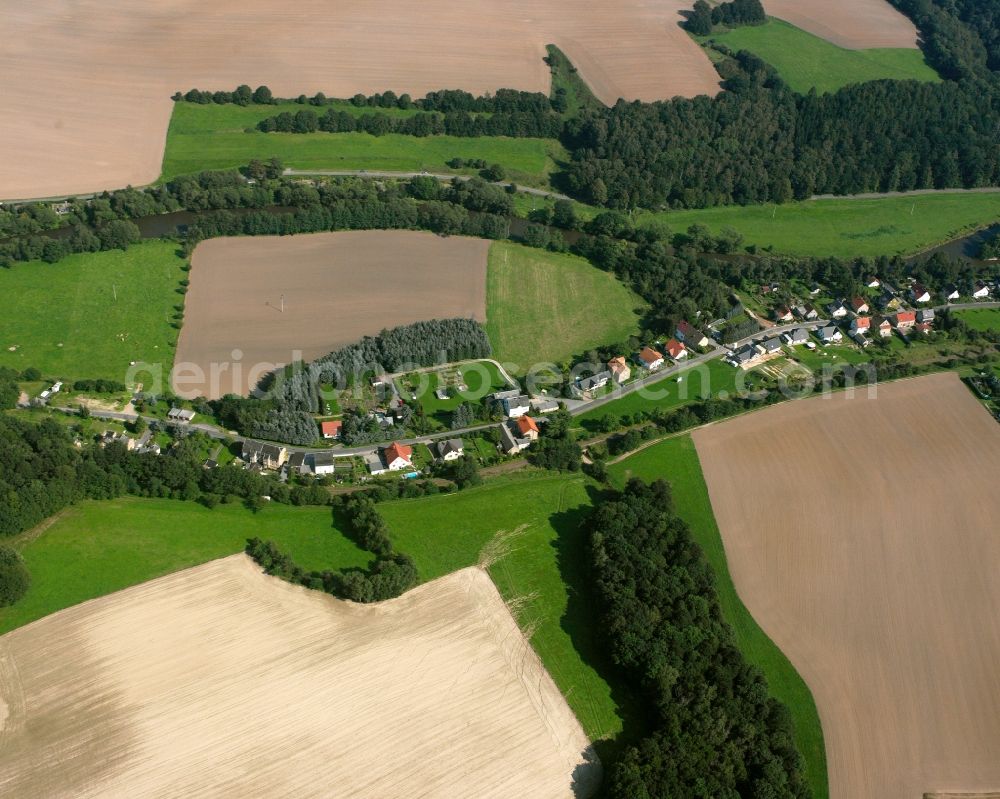 Thierbach from above - Agricultural land and field boundaries surround the settlement area of the village in Thierbach in the state Saxony, Germany