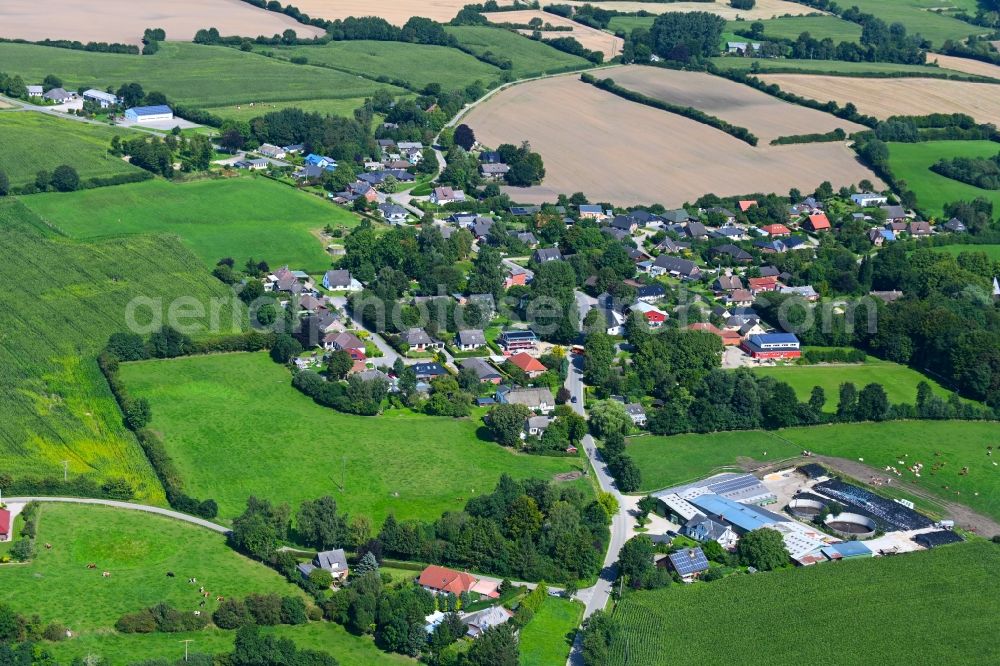 Thumby from above - Agricultural land and field boundaries surround the settlement area of the village in Thumby in the state Schleswig-Holstein, Germany