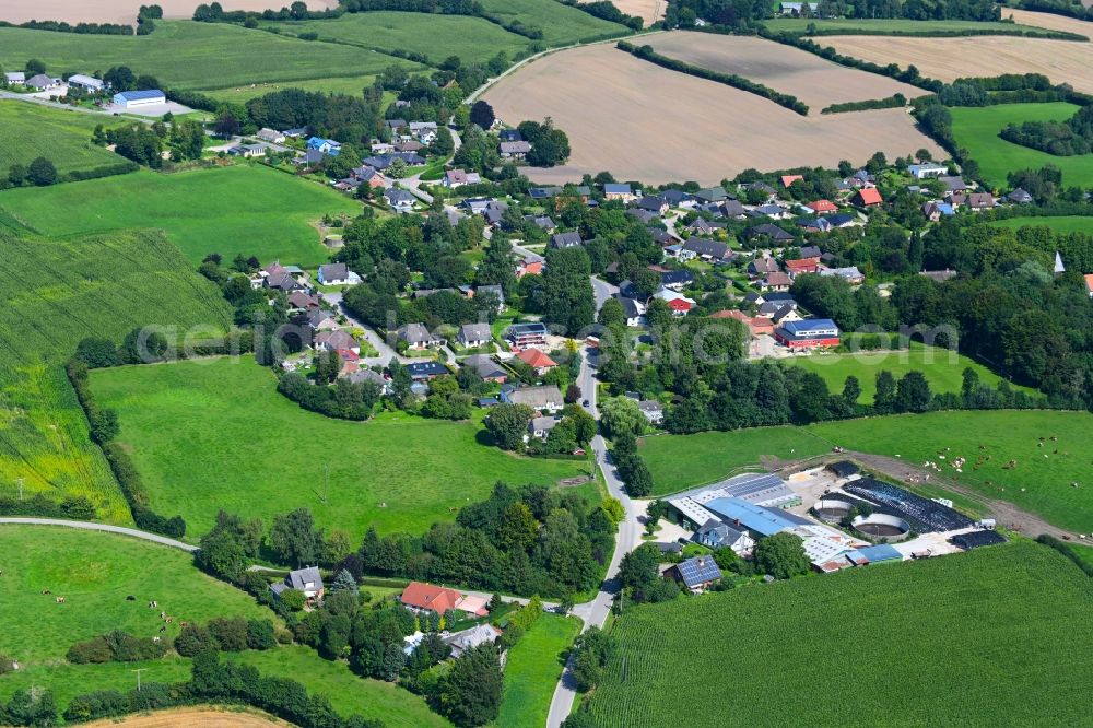 Thumby from the bird's eye view: Agricultural land and field boundaries surround the settlement area of the village in Thumby in the state Schleswig-Holstein, Germany