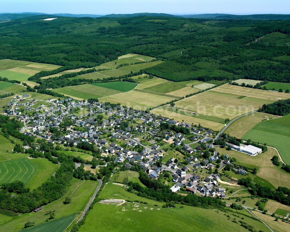 Tiefenbach from above - Agricultural land and field boundaries surround the settlement area of the village in Tiefenbach in the state Rhineland-Palatinate, Germany