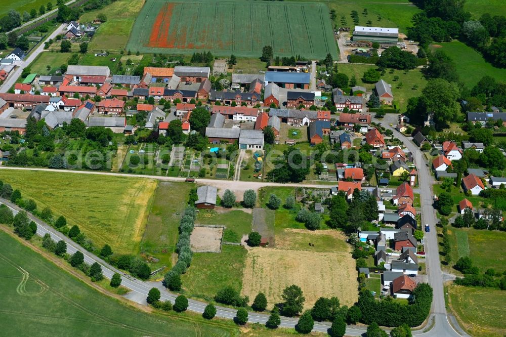 Tornau from the bird's eye view: Agricultural land and field boundaries surround the settlement area of the village in Tornau in the state Saxony-Anhalt, Germany