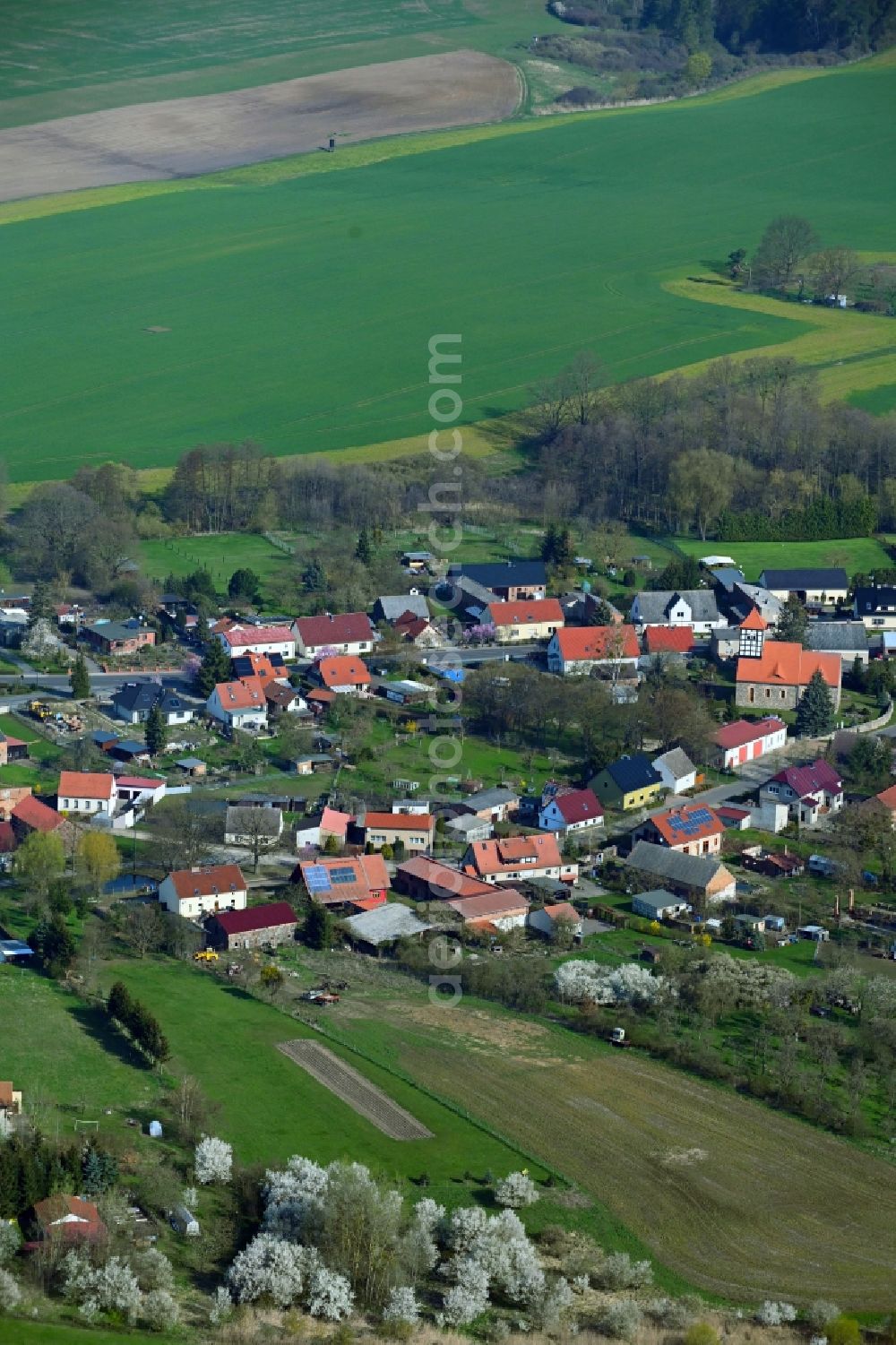 Aerial image Tornow - Agricultural land and field boundaries surround the settlement area of the village in Tornow in the state Brandenburg, Germany