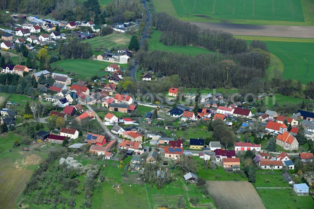 Tornow from above - Agricultural land and field boundaries surround the settlement area of the village in Tornow in the state Brandenburg, Germany