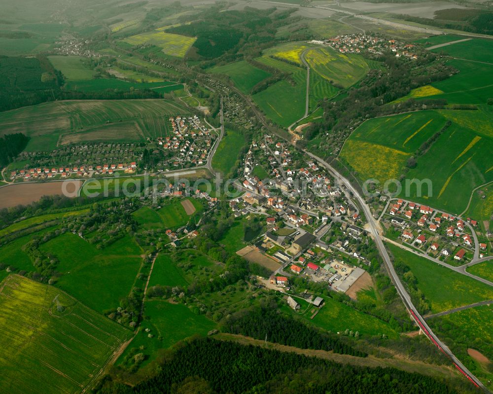 Aerial image Töppeln - Agricultural land and field boundaries surround the settlement area of the village in Töppeln in the state Thuringia, Germany