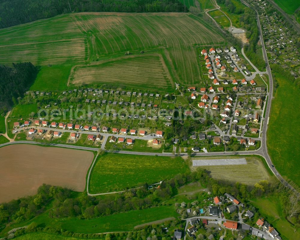 Töppeln from the bird's eye view: Agricultural land and field boundaries surround the settlement area of the village in Töppeln in the state Thuringia, Germany