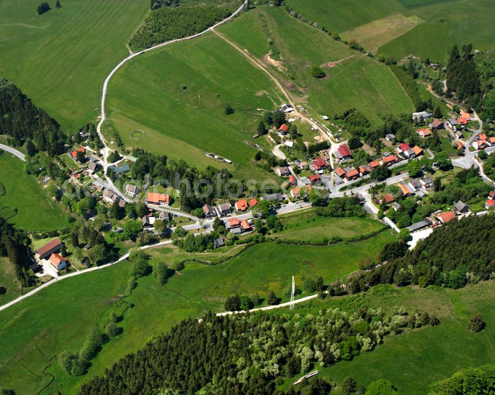 Aerial image Trautenstein - Agricultural land and field boundaries surround the settlement area of the village in Trautenstein in the state Saxony-Anhalt, Germany