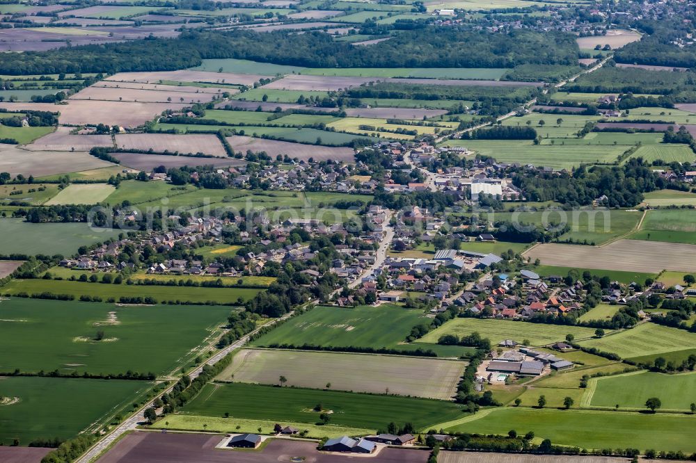 Treia from the bird's eye view: Agricultural land and field boundaries surround the settlement area of the village in Treia in the state Schleswig-Holstein, Germany