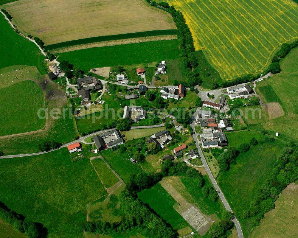 Tremnitz from above - Agricultural land and field boundaries surround the settlement area of the village in Tremnitz in the state Thuringia, Germany