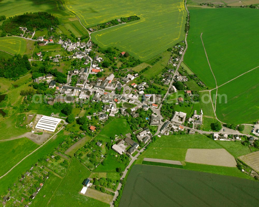 Triebes from above - Agricultural land and field boundaries surround the settlement area of the village in Triebes in the state Thuringia, Germany