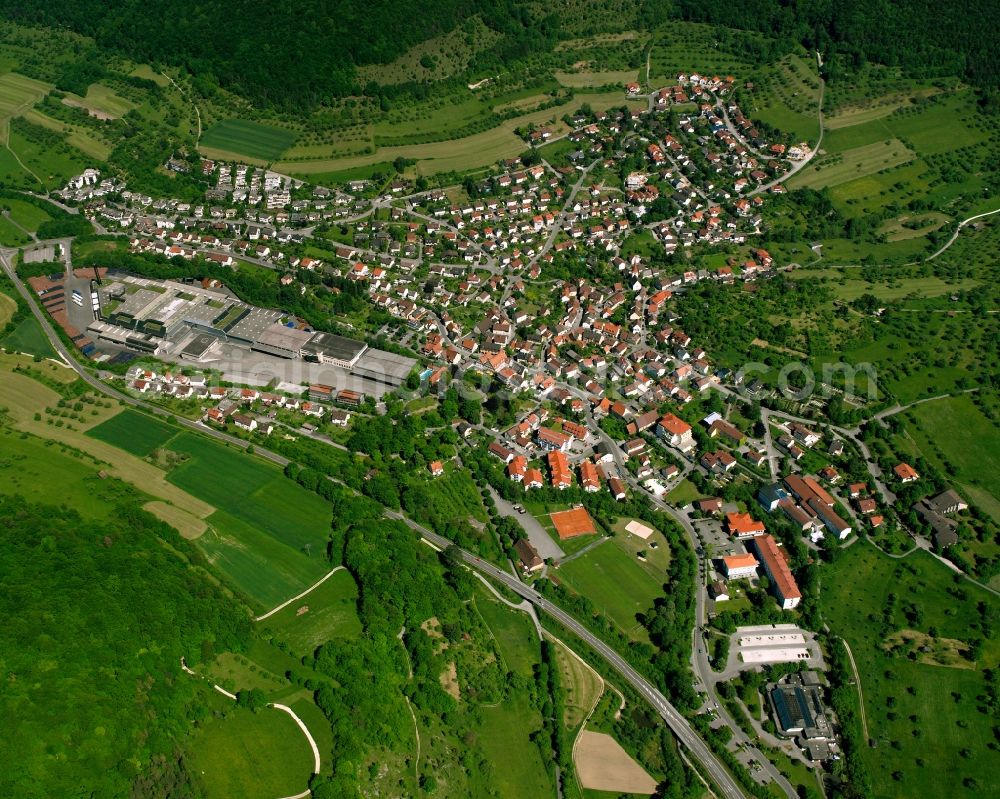 Aerial image Türkheim - Agricultural land and field boundaries surround the settlement area of the village in Türkheim in the state Baden-Wuerttemberg, Germany