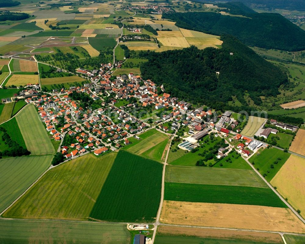 Türkheim from above - Agricultural land and field boundaries surround the settlement area of the village in Türkheim in the state Baden-Wuerttemberg, Germany