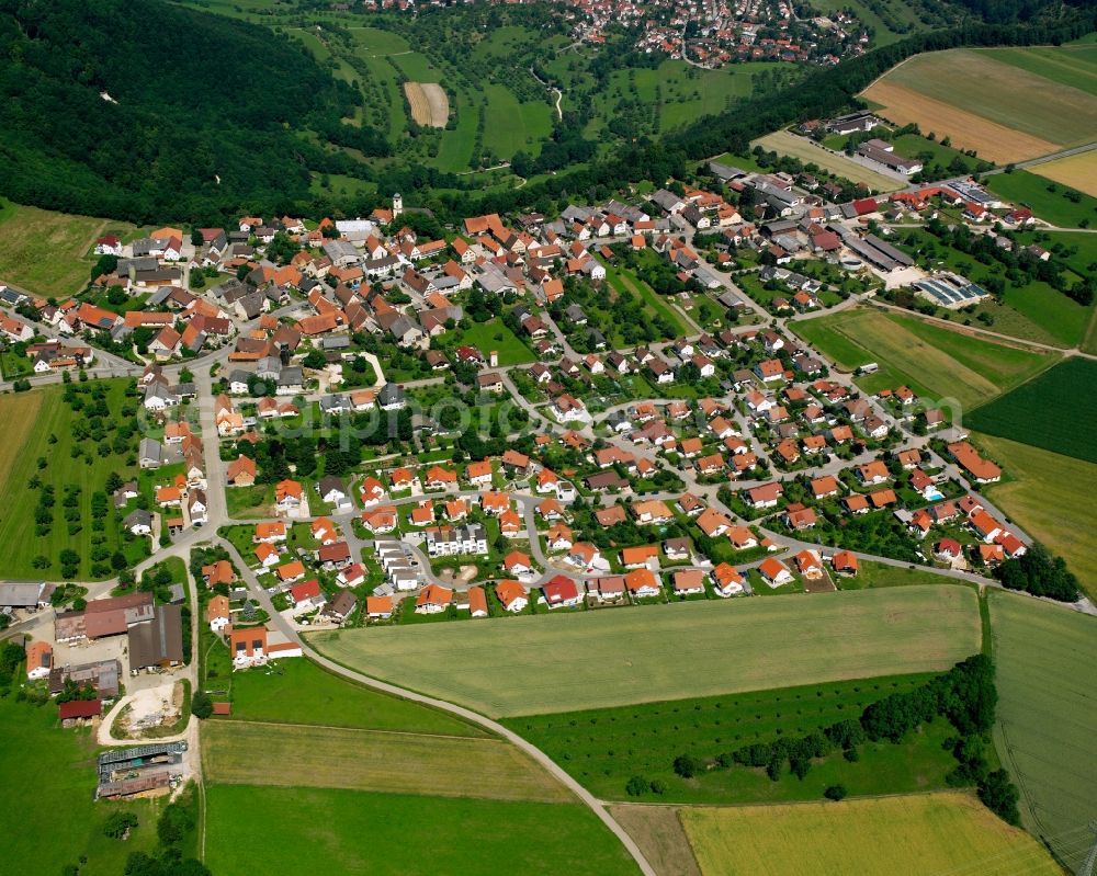 Türkheim from the bird's eye view: Agricultural land and field boundaries surround the settlement area of the village in Türkheim in the state Baden-Wuerttemberg, Germany