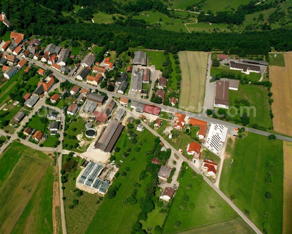 Aerial image Türkheim - Agricultural land and field boundaries surround the settlement area of the village in Türkheim in the state Baden-Wuerttemberg, Germany