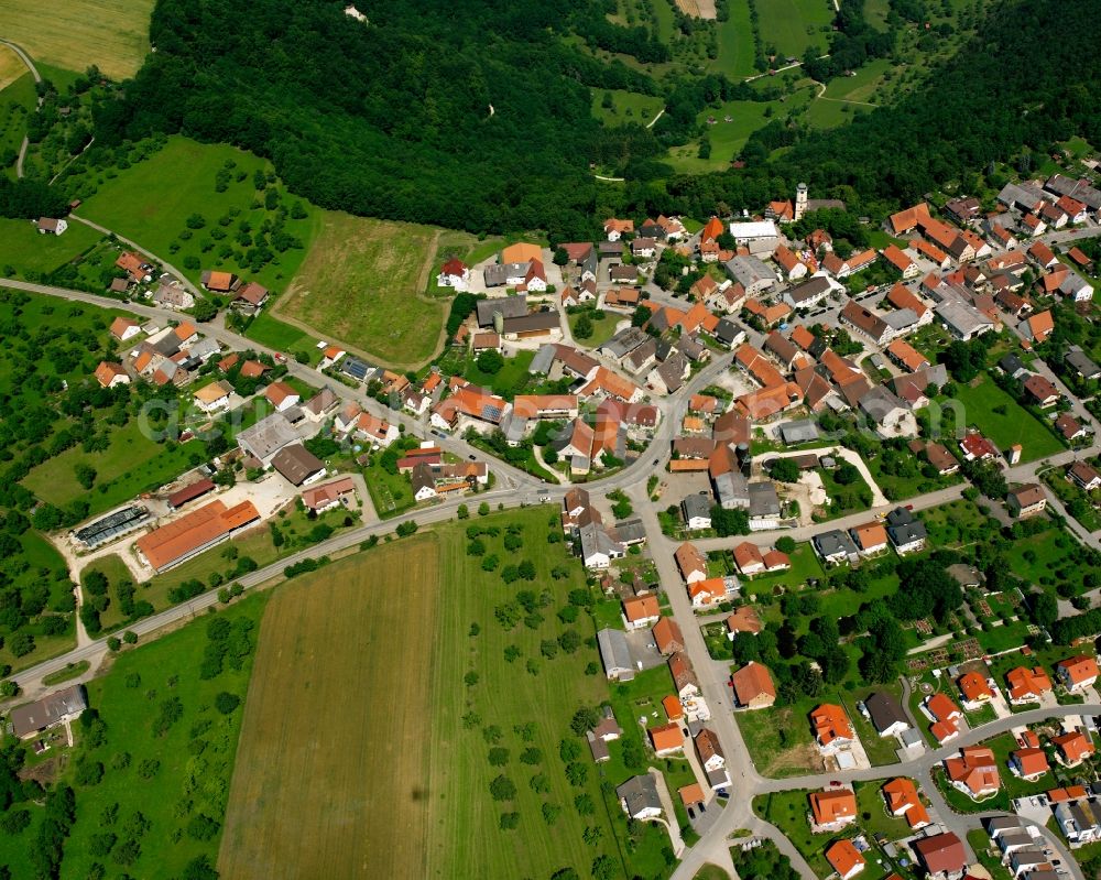 Aerial photograph Türkheim - Agricultural land and field boundaries surround the settlement area of the village in Türkheim in the state Baden-Wuerttemberg, Germany