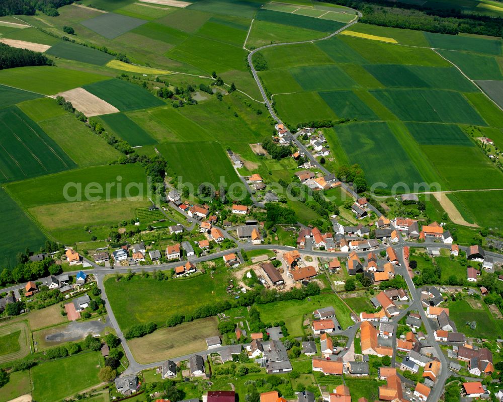 Aerial image Udenhausen - Agricultural land and field boundaries surround the settlement area of the village in Udenhausen in the state Hesse, Germany