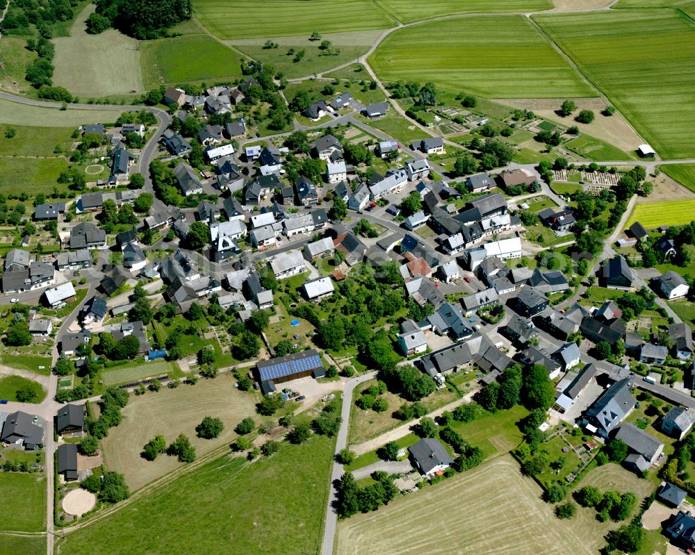 Uhler from above - Agricultural land and field boundaries surround the settlement area of the village in Uhler in the state Rhineland-Palatinate, Germany