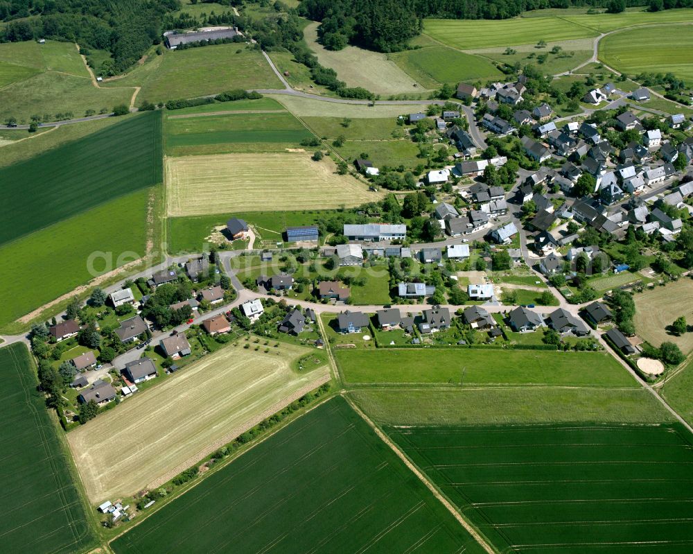 Uhler from the bird's eye view: Agricultural land and field boundaries surround the settlement area of the village in Uhler in the state Rhineland-Palatinate, Germany