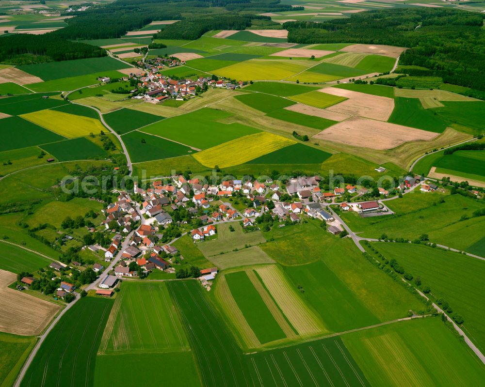 Aerial image Uigendorf - Agricultural land and field boundaries surround the settlement area of the village in Uigendorf in the state Baden-Wuerttemberg, Germany