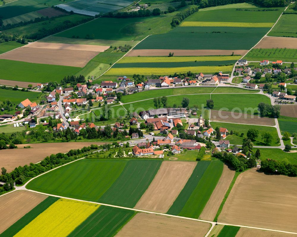 Unlingen from the bird's eye view: Agricultural land and field boundaries surround the settlement area of the village in Unlingen in the state Baden-Wuerttemberg, Germany