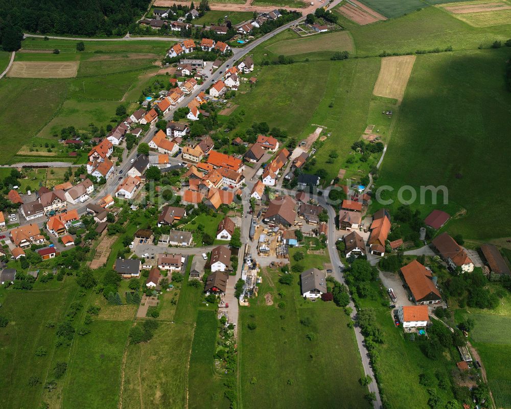 Unterhaugstett from above - Agricultural land and field boundaries surround the settlement area of the village in Unterhaugstett in the state Baden-Wuerttemberg, Germany