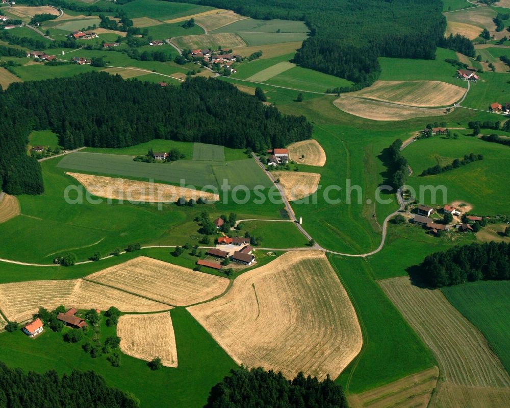 Unterholzen from above - Agricultural land and field boundaries surround the settlement area of the village in Unterholzen in the state Bavaria, Germany