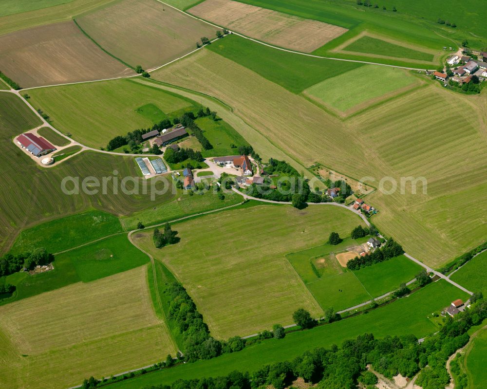 Untermittelried from above - Agricultural land and field boundaries surround the settlement area of the village in Untermittelried in the state Baden-Wuerttemberg, Germany