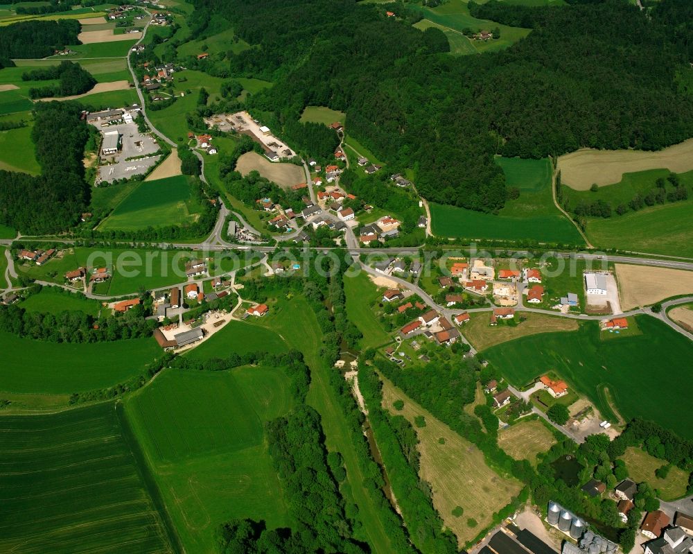 Untertürken from above - Agricultural land and field boundaries surround the settlement area of the village in Untertürken in the state Bavaria, Germany