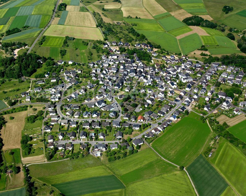 Aerial image Urbar - Agricultural land and field boundaries surround the settlement area of the village in Urbar in the state Rhineland-Palatinate, Germany