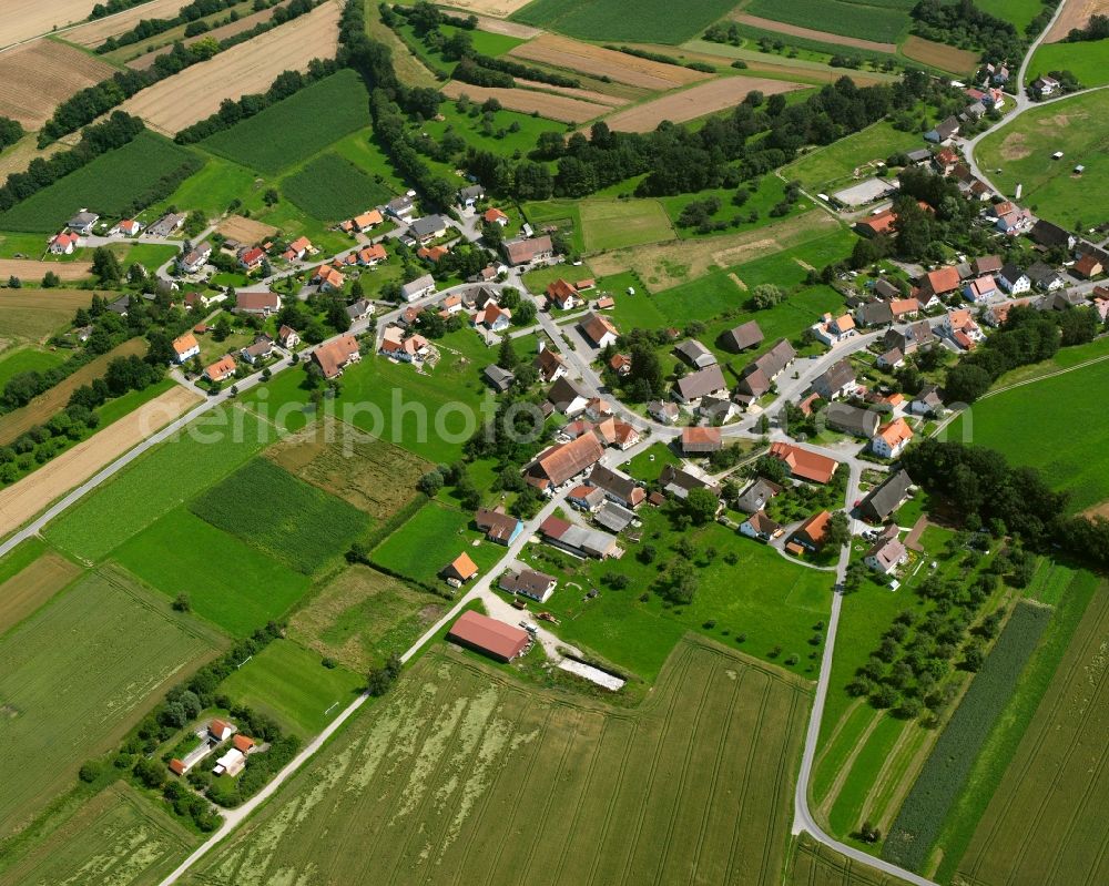 Aerial photograph Ursendorf - Agricultural land and field boundaries surround the settlement area of the village in Ursendorf in the state Baden-Wuerttemberg, Germany